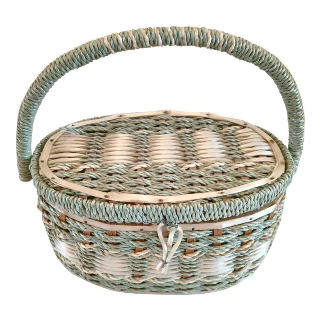 Vintage 1960s Wicker Oval Sewing Basket With Handle Dritz No. 8031