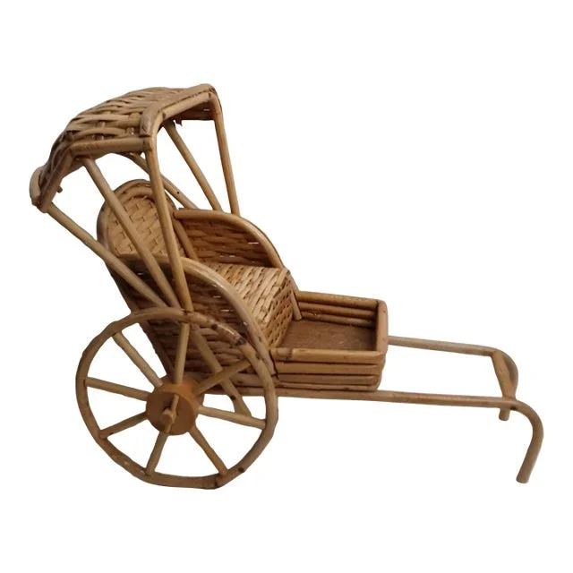 Vintage 1970’s Wicker Bamboo Rickshaw Planter Cart