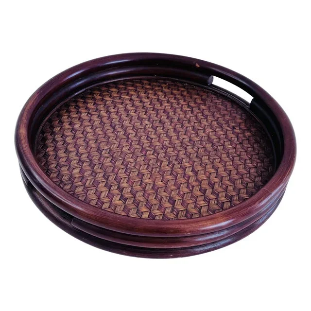 Vintage 1980s Brown Triple Rattan Handled Serving Tray