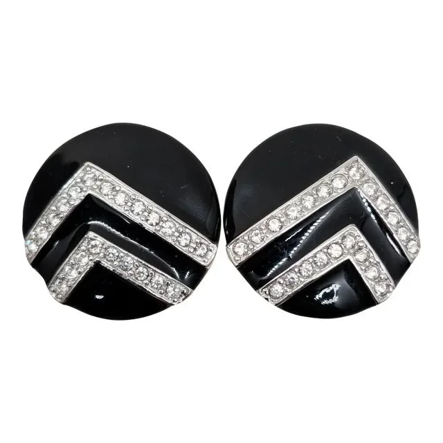 Vintage 1980s Signed Alexis Kirk Round Black Enamel & Clear Rhinestone Clip Earrings-2 Pieces