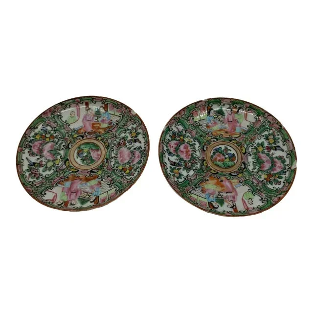 Vintage 19th Century Chinese Canton Rose Medallion Porcelain Plates, Qing Dynasty- a Pair