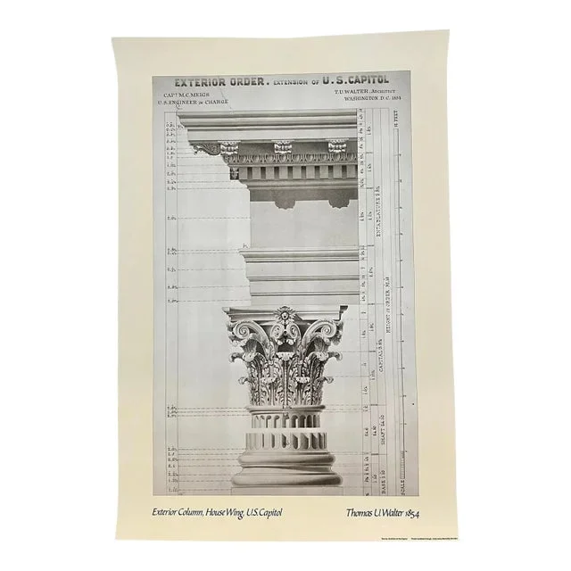 Vintage 80s Column U. S. Capitol Architectural Rendering Poster by Architect, Thomas U Walter 1854