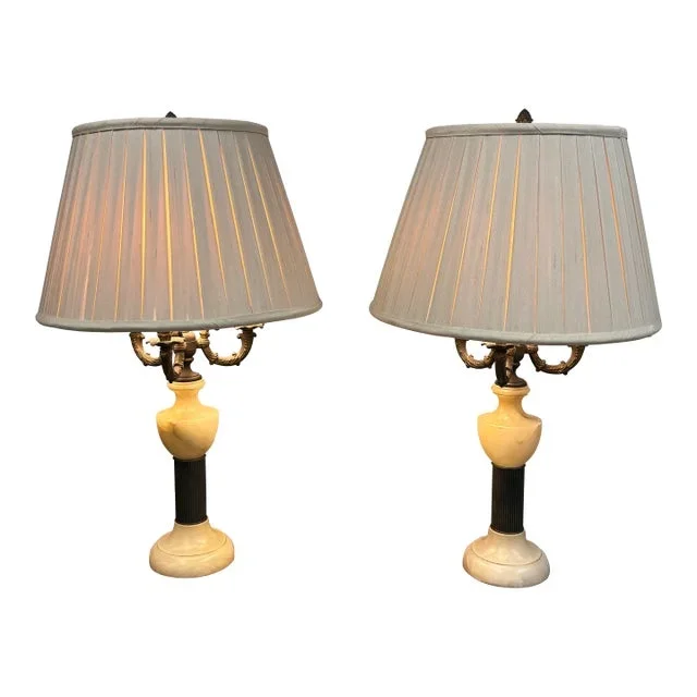 Vintage Alabaster + Bronze Finish Table Lamps, Pair