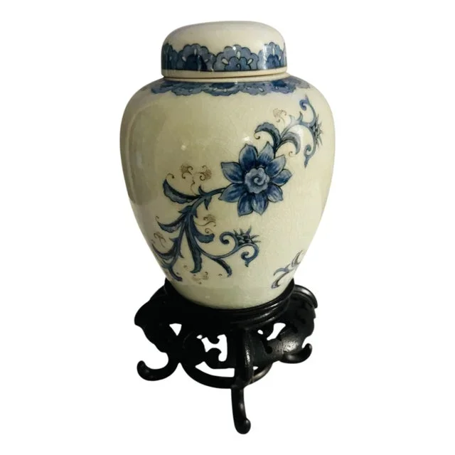 Vintage Andrea by Sadek Lidded Blue and White Floral Ginger Jar With Stand