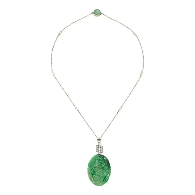 Vintage Art Deco Carved Jade Diamond Necklace Platinum 14k Gold 16″ Flowers