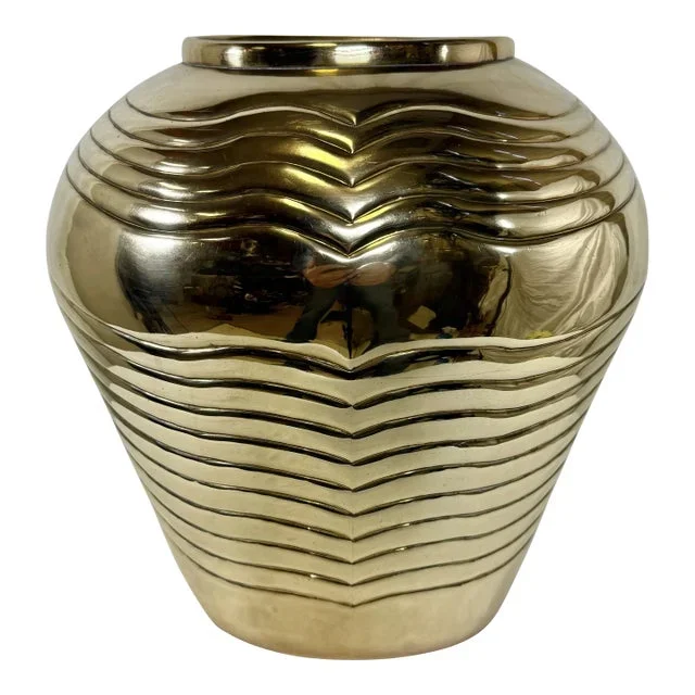 Vintage Art Deco Style Embossed Polished Brass Vase