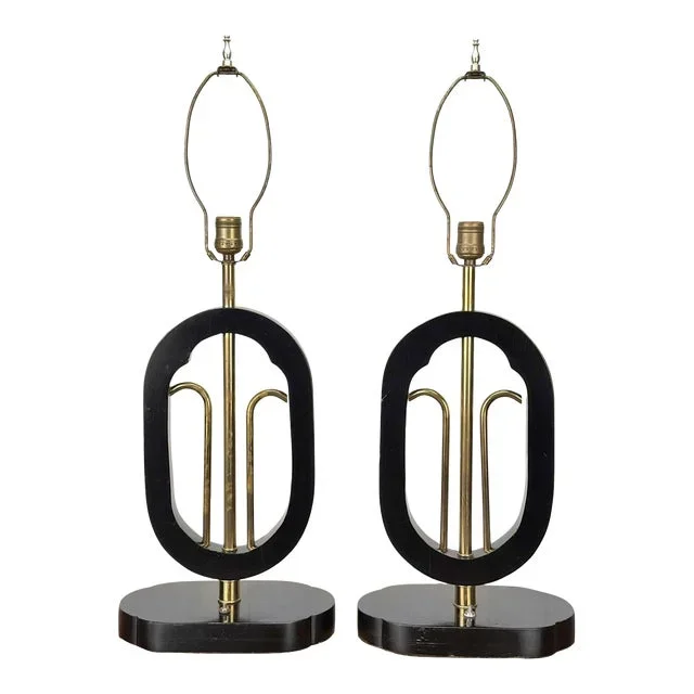 Vintage Art Deco Waterfall Black Lacquer & Brass Table Lamp – A Pair