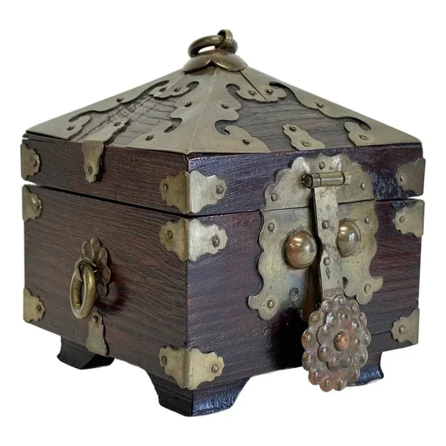 Vintage Asian Brass Clad Wood Trinket Box