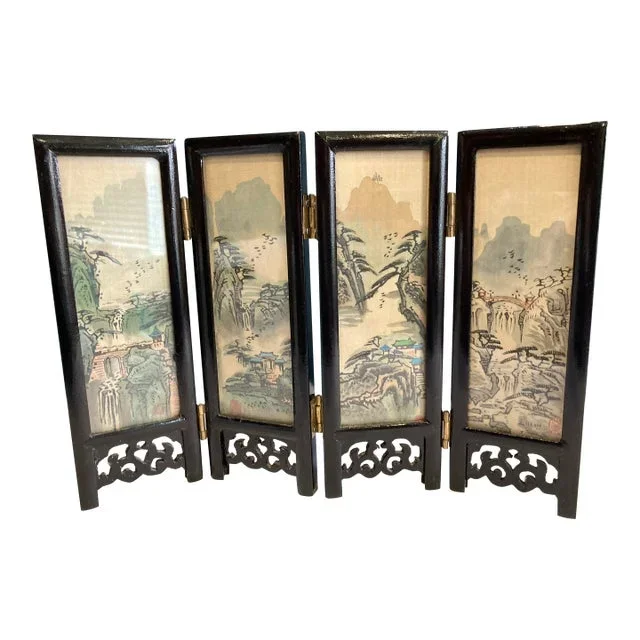 Vintage Asian Folding Table Top Hand Painted Screen