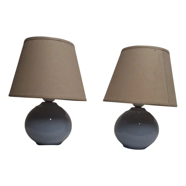 Vintage Bedside Lamps with Blue Ceramic Base and Beige Fabric Shade, 1990s, Set of 2