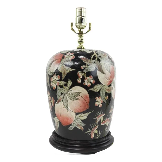 Vintage Black and Peach Fruit Pattern Table Lamp