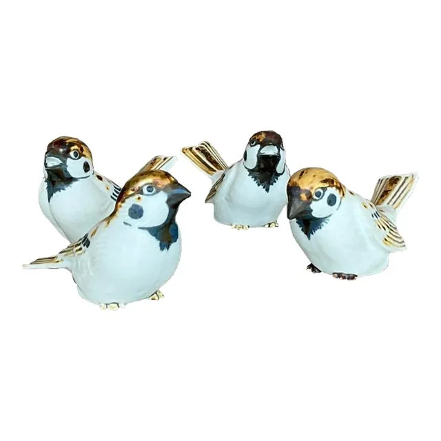 Vintage Boho Asian Matte Glazed Ceramic Birds – Set of 4