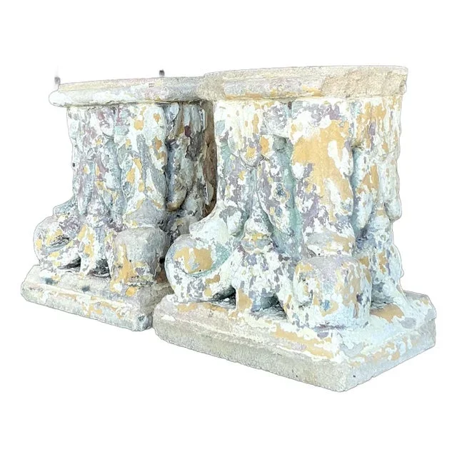Vintage Boho Patinated Cast Concrete Column Fragments – A Pair