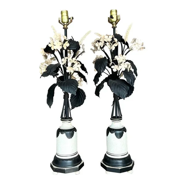 Vintage Boho Tole Floral Lamps – a Pair