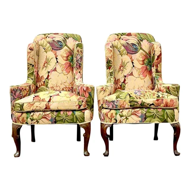 Vintage Boho Wingback Chairs in Brunschwig and Fils Floral – a Pair