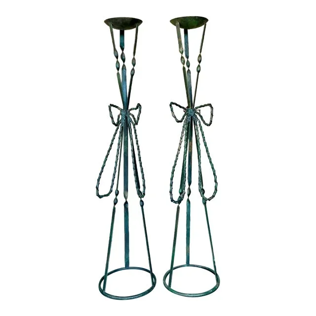 Vintage Boho Wrought Iron Bow Candlesticks- A Pair