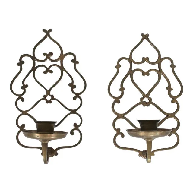 Vintage Brass Candle Wall Sconces W/ Heart Motif – a Pair