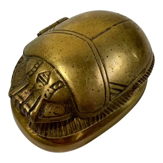 Vintage Brass Egyptian Revival Scarab Lidded Box With Hieroglyphics