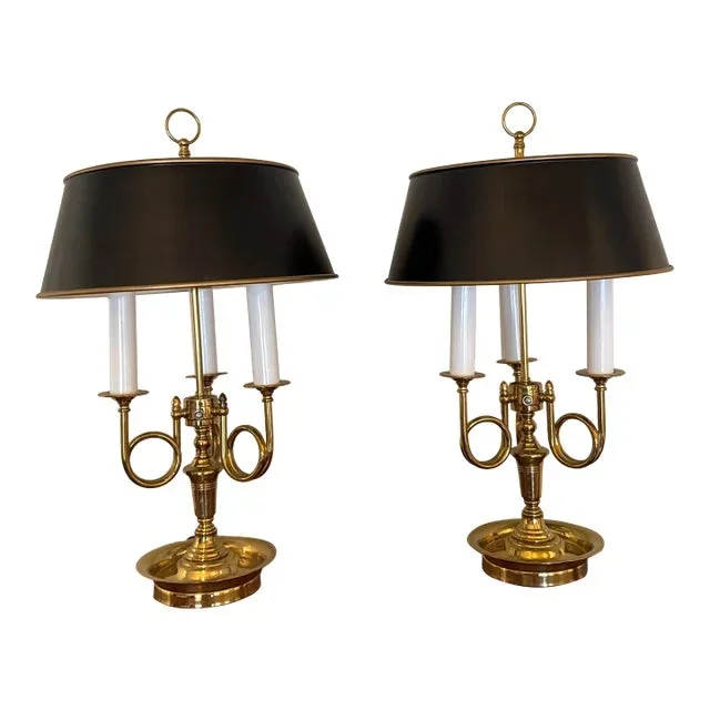 Vintage Brass French Horn Bouillotte Lamp ~ a Pair