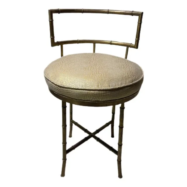 Vintage Brass Mid-Century Vanity Stool – Bamboo Pattern Frame