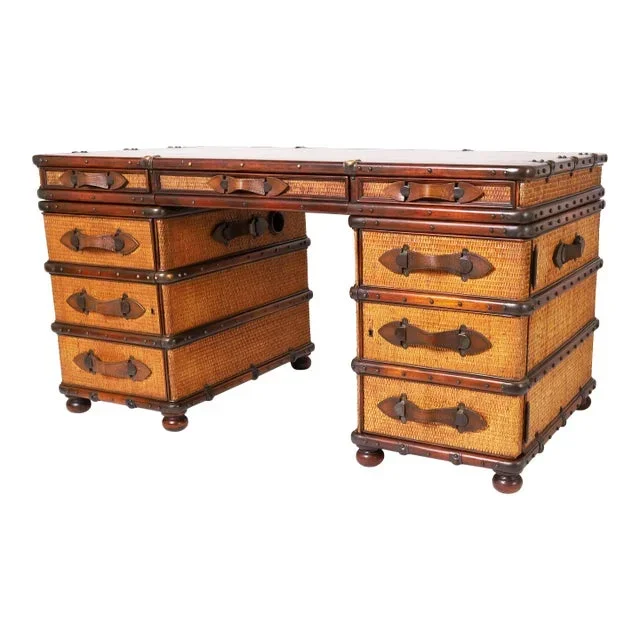 Vintage British Colonial Style Faux Luggage Leather Top Desk