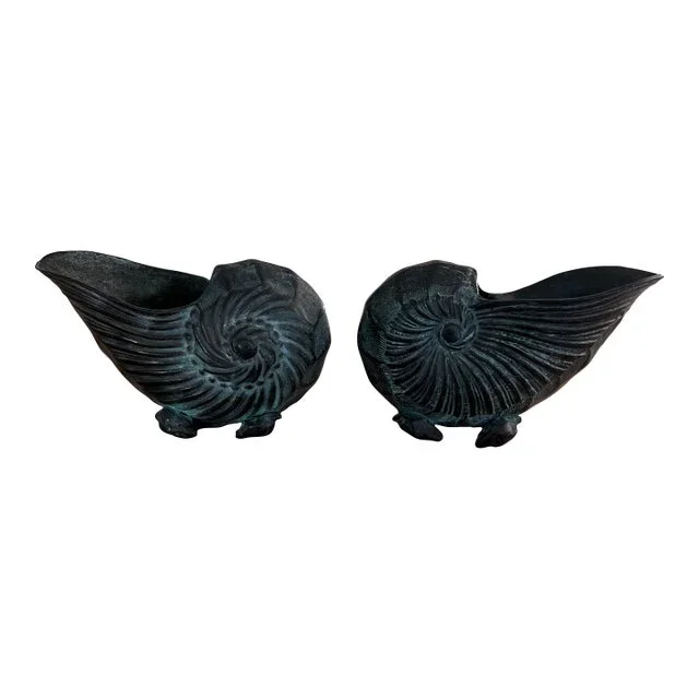 Vintage Bronze Verdigris Nautilus Shell Cachepots- A Pair