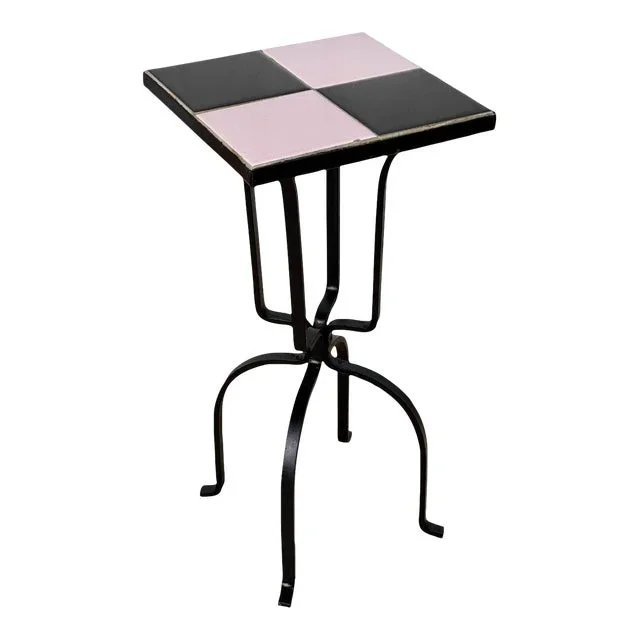 Vintage California Tile Black & Pink Wrought Iron Plant Stand Table