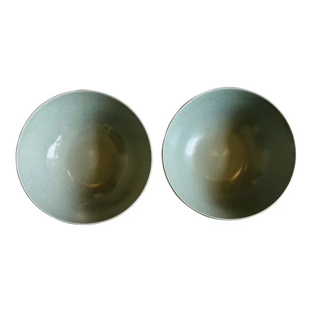 Vintage Calvin Klein Cargo Stoneware 12” Serving Bowls in Sage, Made in Japan -Set of 2