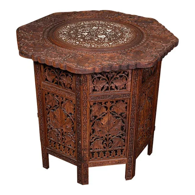 Vintage Campaign Tea Table, Burmese, Carved Teak, Display, Lamp, Art Deco, 1940