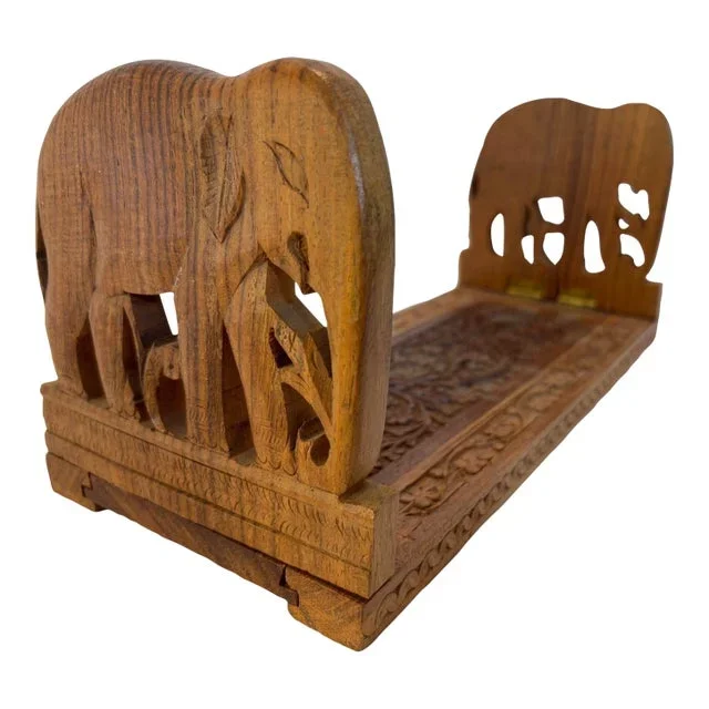 Vintage Carved Wood Expandable Elephant Bookends