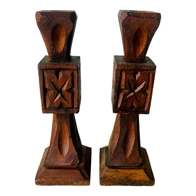Vintage Carved Wooden Candleholders- a Pair