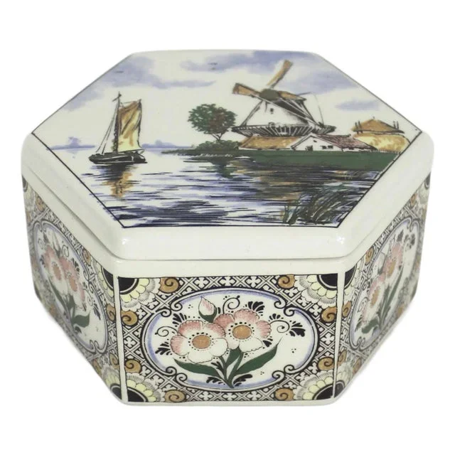 Vintage Ceramic Trinket Box Hexagon Flowers Windmill Holland Signed Hand Painted Delft Polychrome