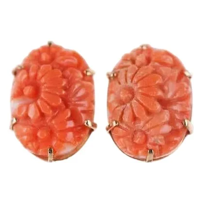 Vintage Chinese 14k Gold Carved Coral screw back Earrings