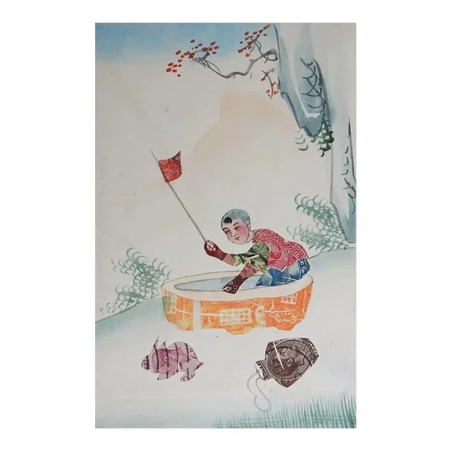 Vintage Chinese Collage With Stamps Postcard Boy and Rabbit