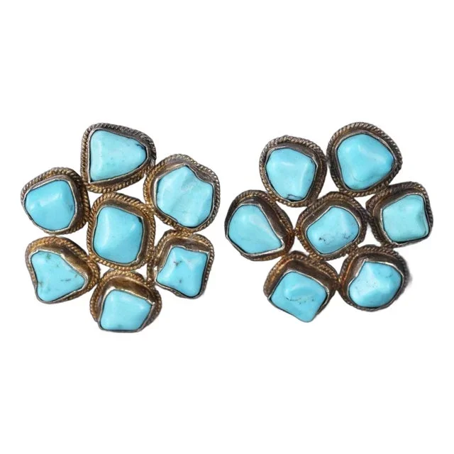 Vintage Chinese silver and Turquoise cluster earrings, 2 pieces