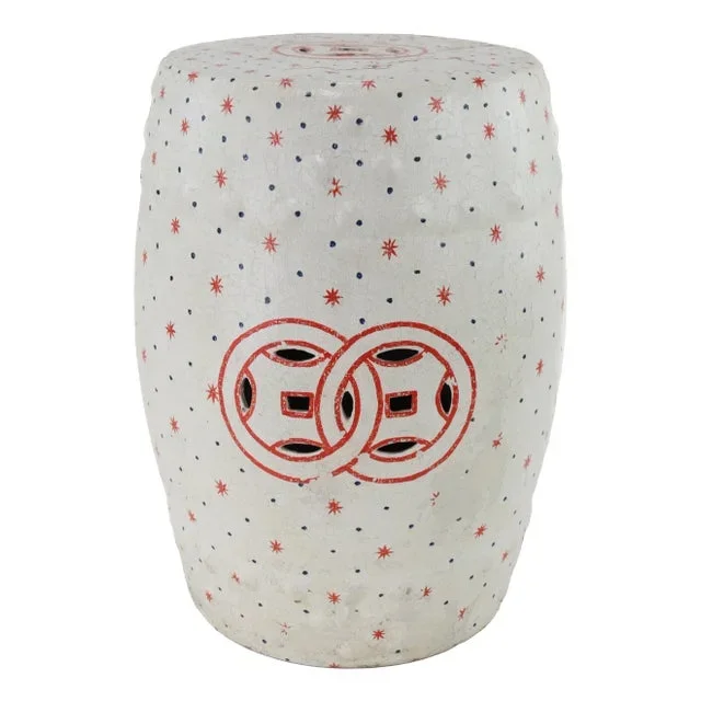 Vintage Chinese Style Ceramic Garden Stool With Red Coin Motif and Star Pattern