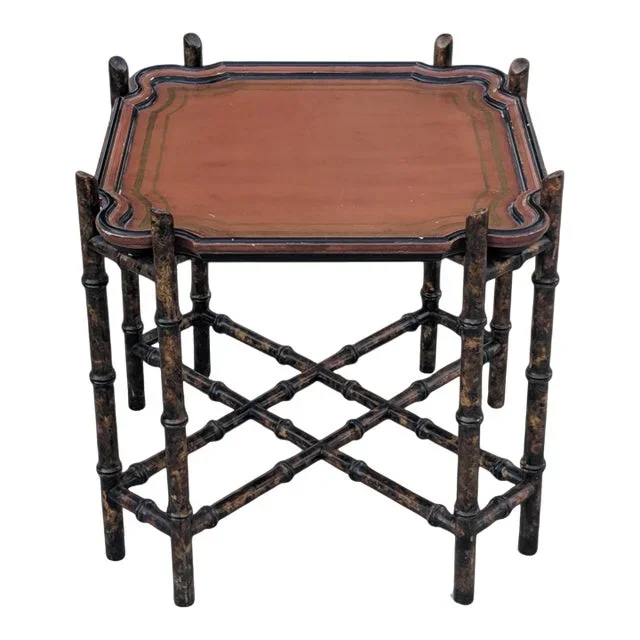 Vintage Chinoiserie Scalloped Tray Table With Tortoiseshell Faux Bamboo Base Made by Baker Furniture