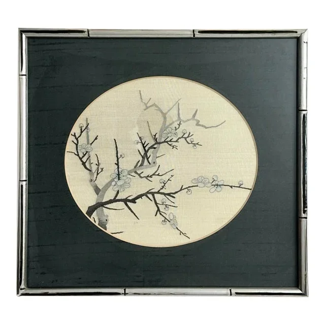 Vintage Chinoiserie Silk Embroidery Cherry Blossom Framed Art