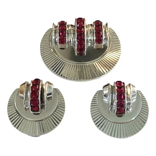 Vintage Ciro Art Deco Style Silver Tone and Ruby Rhinestone Earrings and Brooch Pin