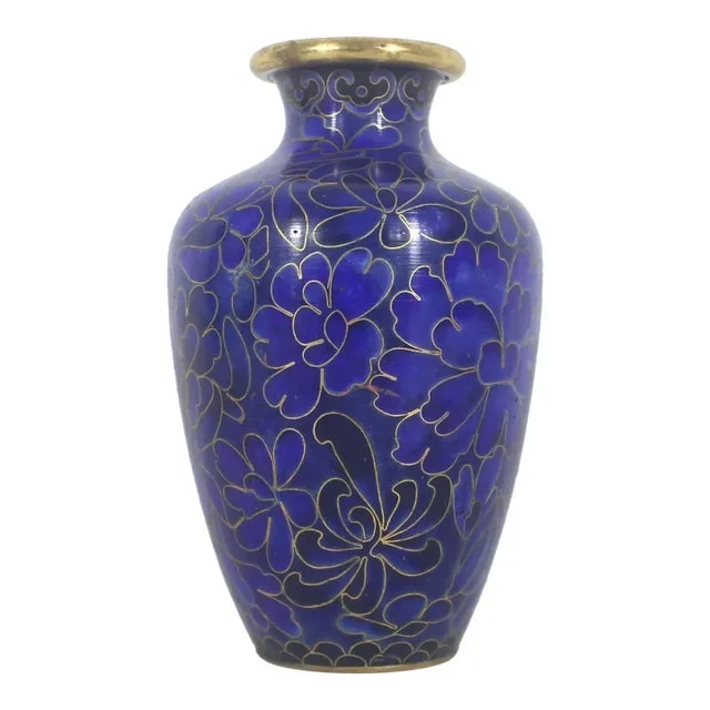 Vintage Cloisonné Vase Deep Blue and Black Brass Small Vessel