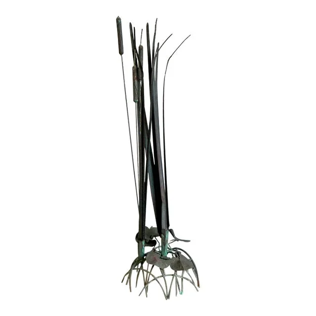 Vintage Coastal Patinated Bronze Cattail Sculpture