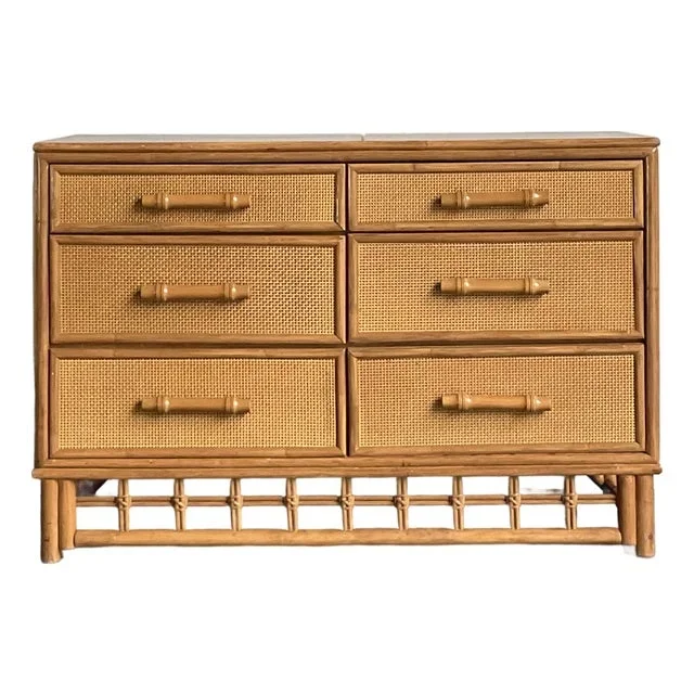 Vintage Coastal Rattan Six Drawer Dresser