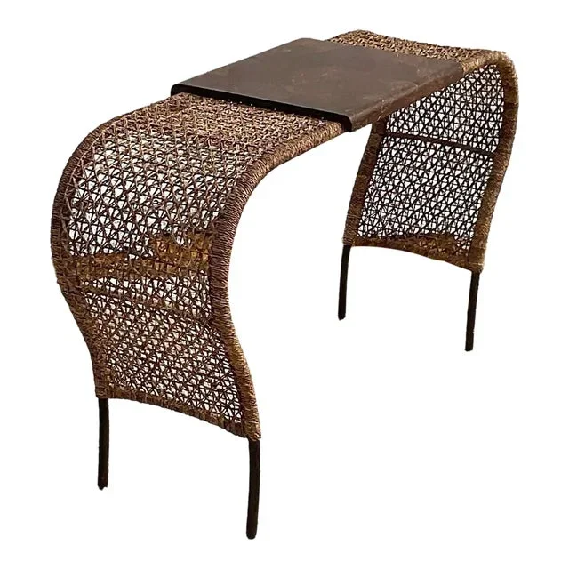 Vintage Coastal Woven Rattan and Pen Shell Console Table