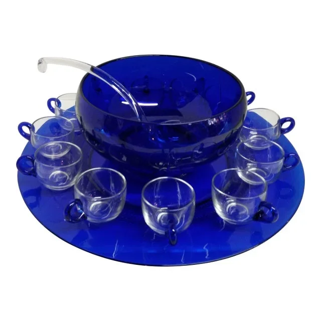 Vintage Cobalt Blue Glass Punch Set- 15 Pieces