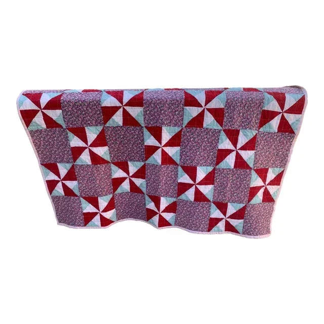 Vintage Collectibles Handmade Pinwheels Floral Polka Dot Patchwork Quilt, Reversible to Solid Pink