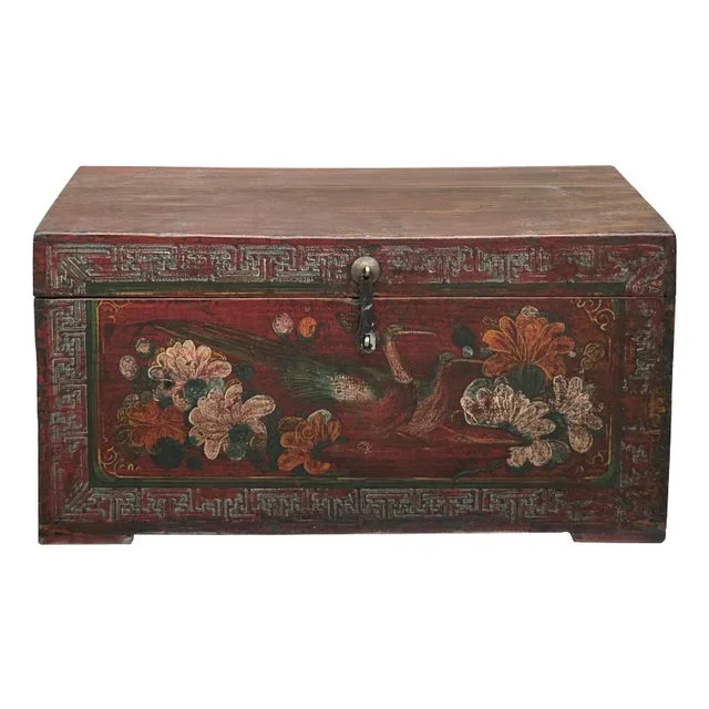 Vintage Distressed Brick Red Brown Flower Bird Oriental Wood Trunk Table