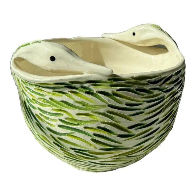 Vintage Double Headed Loon Bird Studio Art Pottery Bowl, Signed Eliot Joanna Angell