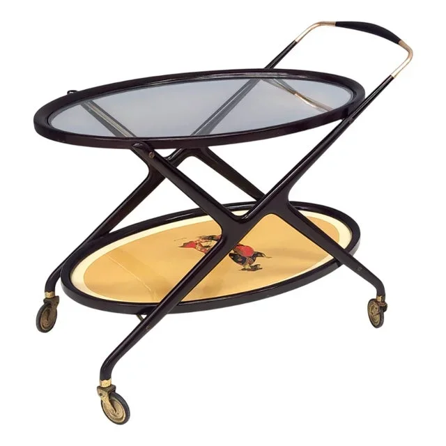 Vintage Ebonized Beech Serving Cart with Oriental Print attributed to Cesare Lacca, Italy