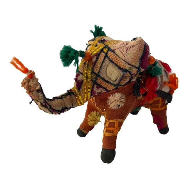 Vintage Embroidered Elephant Toy in Stuffed Cotton From India 1950s
