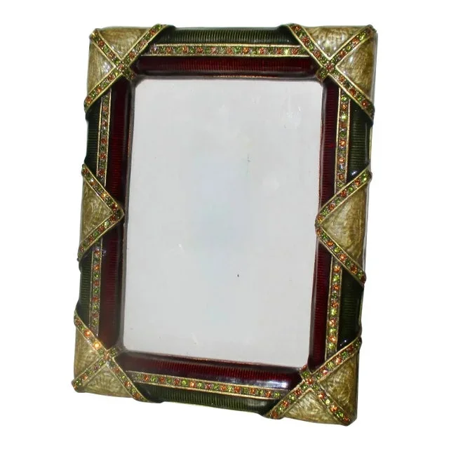 Vintage Enamel and Jeweled Brass Photo Frame